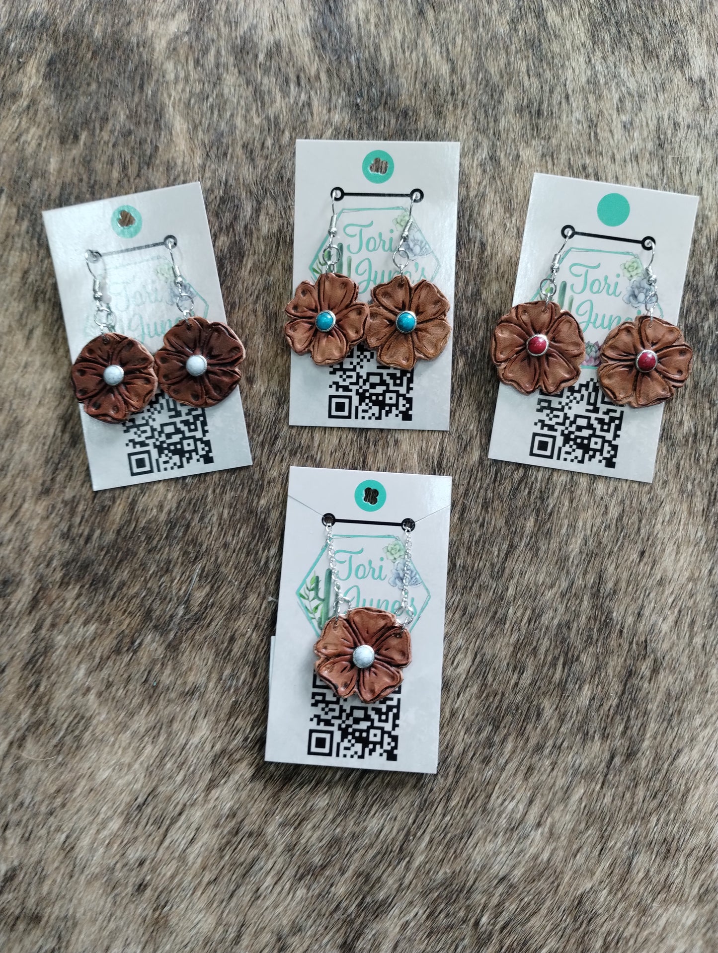 Leather Tooled Flowers with Stone center